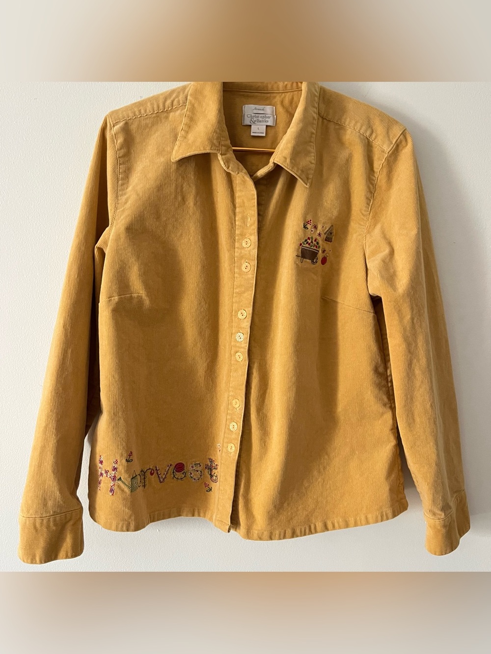 Christopher & Banks Golden Yellow Corduroy Fall Novelty Button Up  Embroidered L